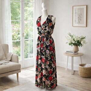 Disney Beauty Beast Maxi Dress S Black Floral Wrap Tie Cottage Romantic Feminine